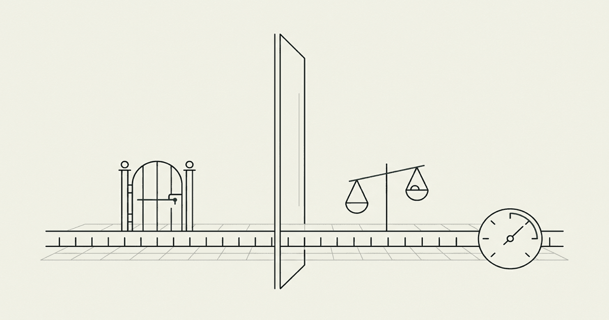 Arte lineal abstracto de un límite regulatorio sobre una línea temporal, con una puerta, una balanza y un cuadrante de medidor, en tonos piedra caliza y verdigrís.
