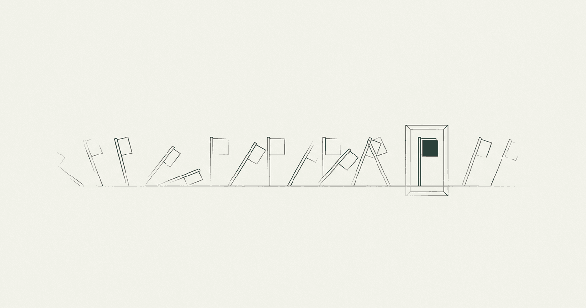 Line-art markers on a horizon, most toppled, one standing inside a protective boundary.